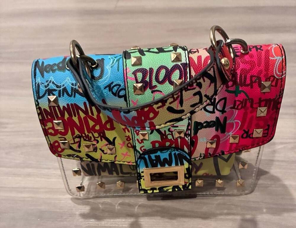 Clear Graffiti Studded Crossbody Bag With Removable Wallet & Chain